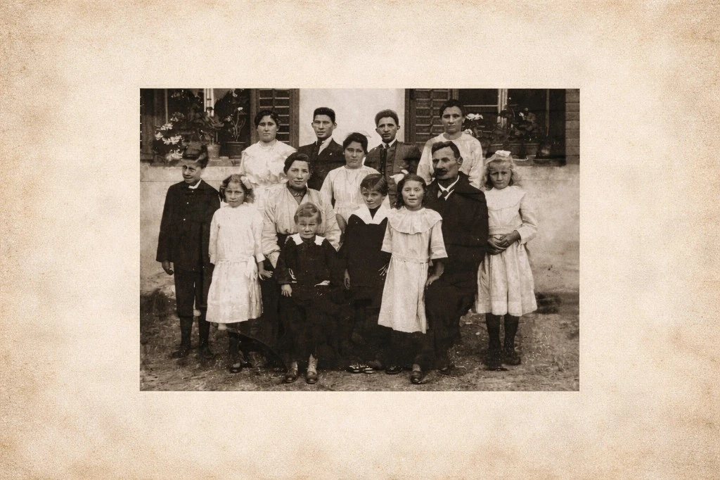 Vintage sepia family portrait: the Canins family roots between Colfosco and the Dolomites